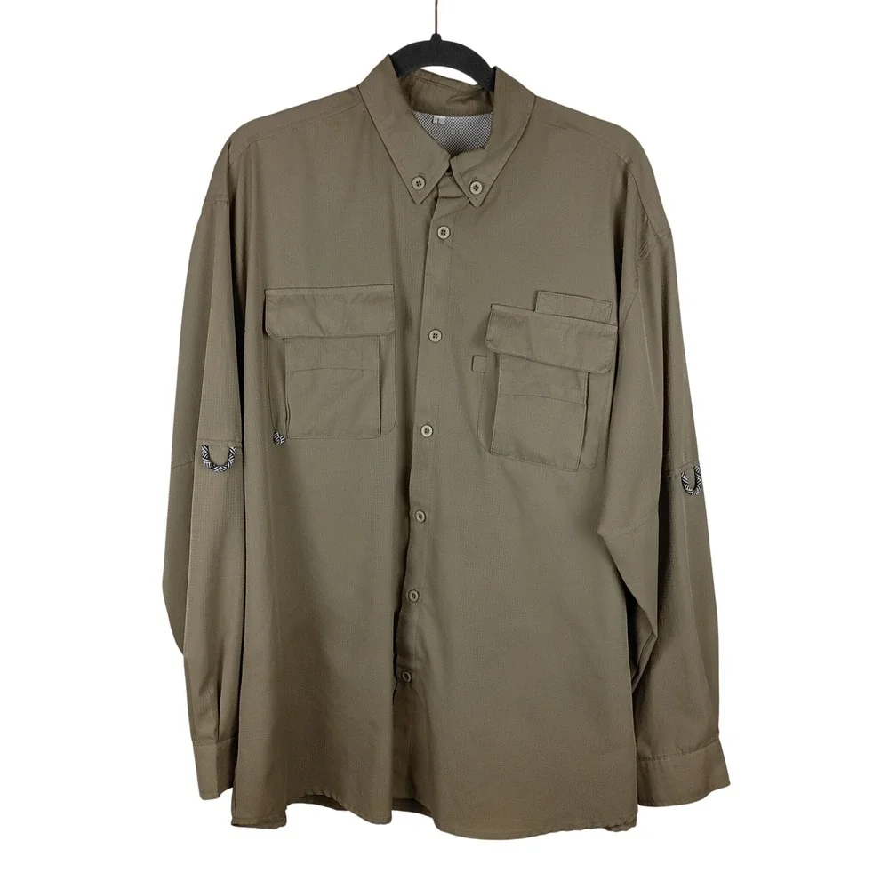 Khaki Ripstop Fishing Shirt Long Sleeve UPF 40+ Sun Protection Men's Large